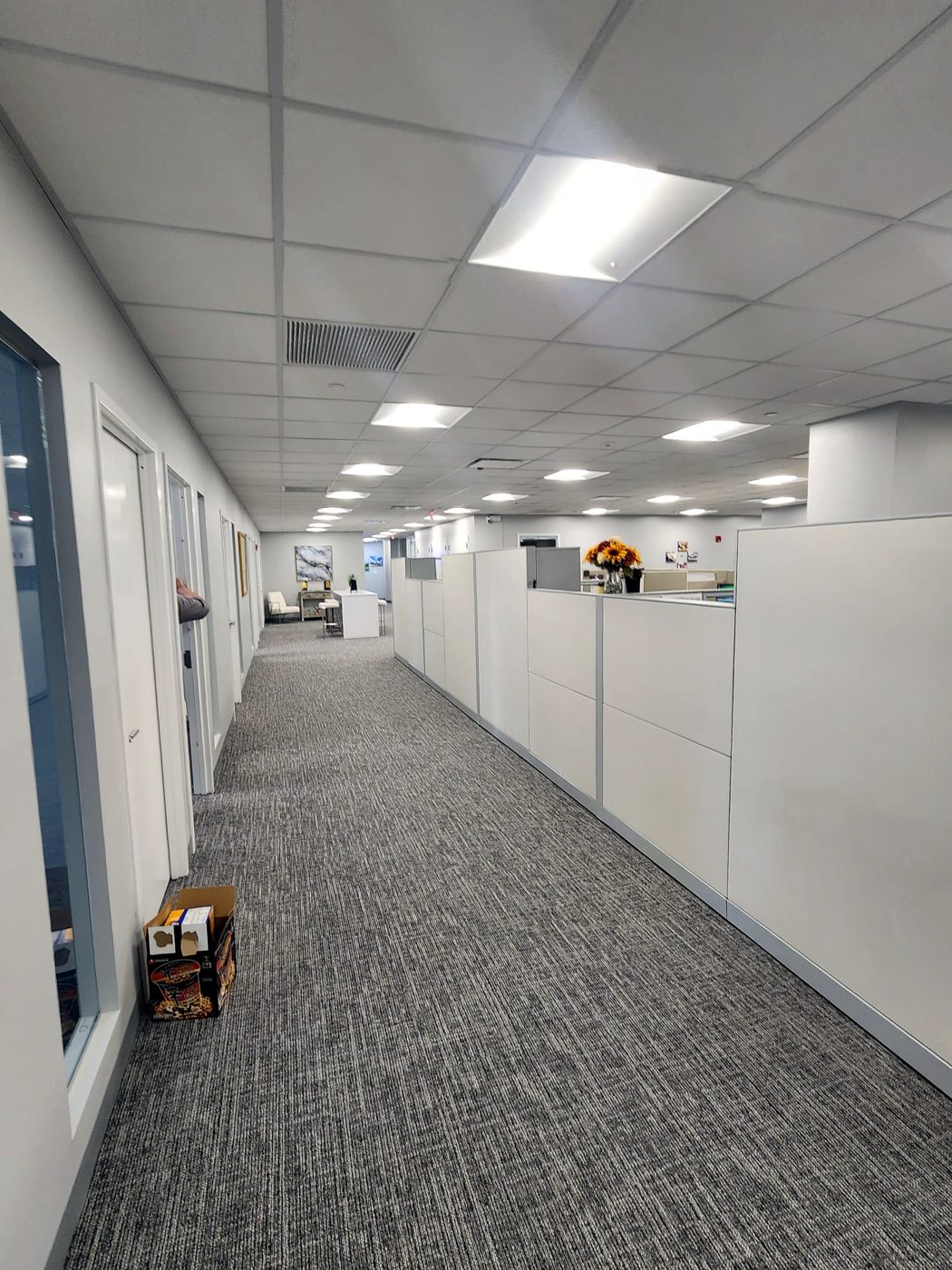 Finished commercial office corridor with new lighting