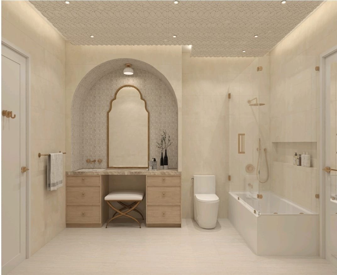 Design rendering of a bathroom with recessed and cove lighting