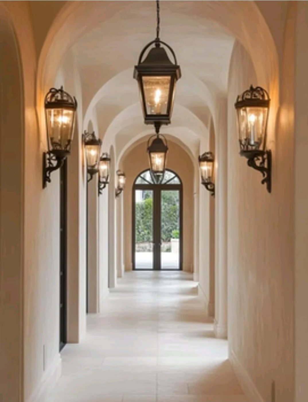 Design rendering of a hallway with lantern style lighting