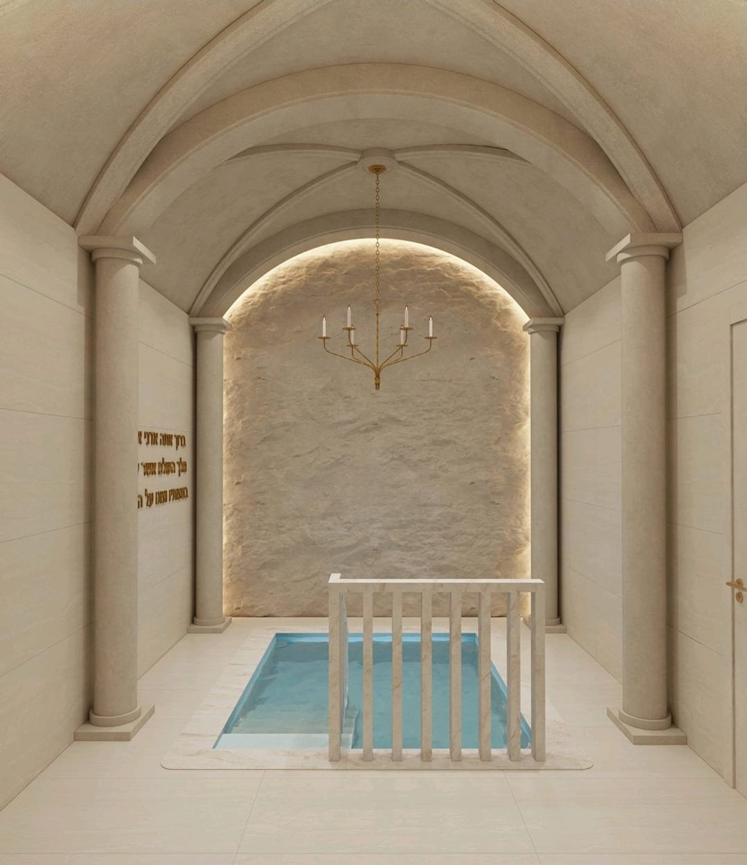 Design rendering of a pool room with a chandelier and accent lighting